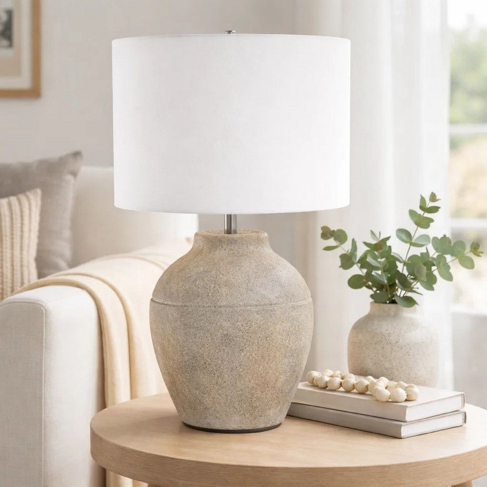 Table Lamp, Earthy Gray Ceramic with Off White Linen Shade, 24 Inch - BM346831
