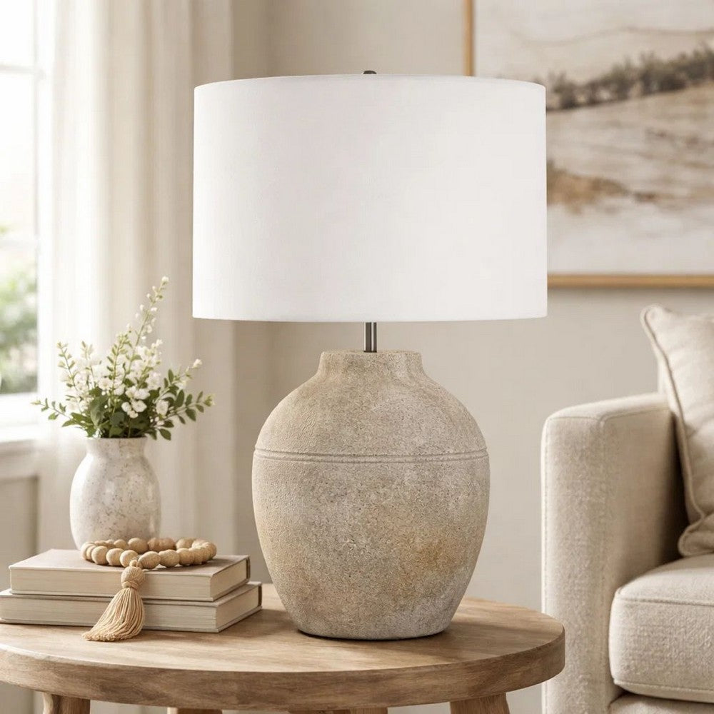 Table Lamp, Earthy Gray Ceramic with Off White Linen Shade, 24 Inch - BM346831