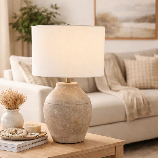Table Lamp, Earthy Gray Ceramic with Off White Linen Shade, 24 Inch - BM346831