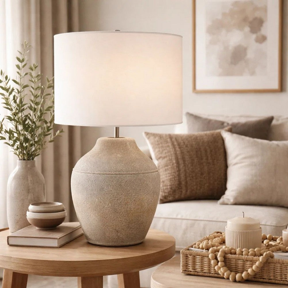 Table Lamp, Earthy Gray Ceramic with Off White Linen Shade, 24 Inch - BM346831