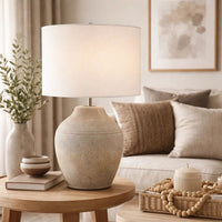 Table Lamp, Earthy Gray Ceramic with Off White Linen Shade, 24 Inch - BM346831