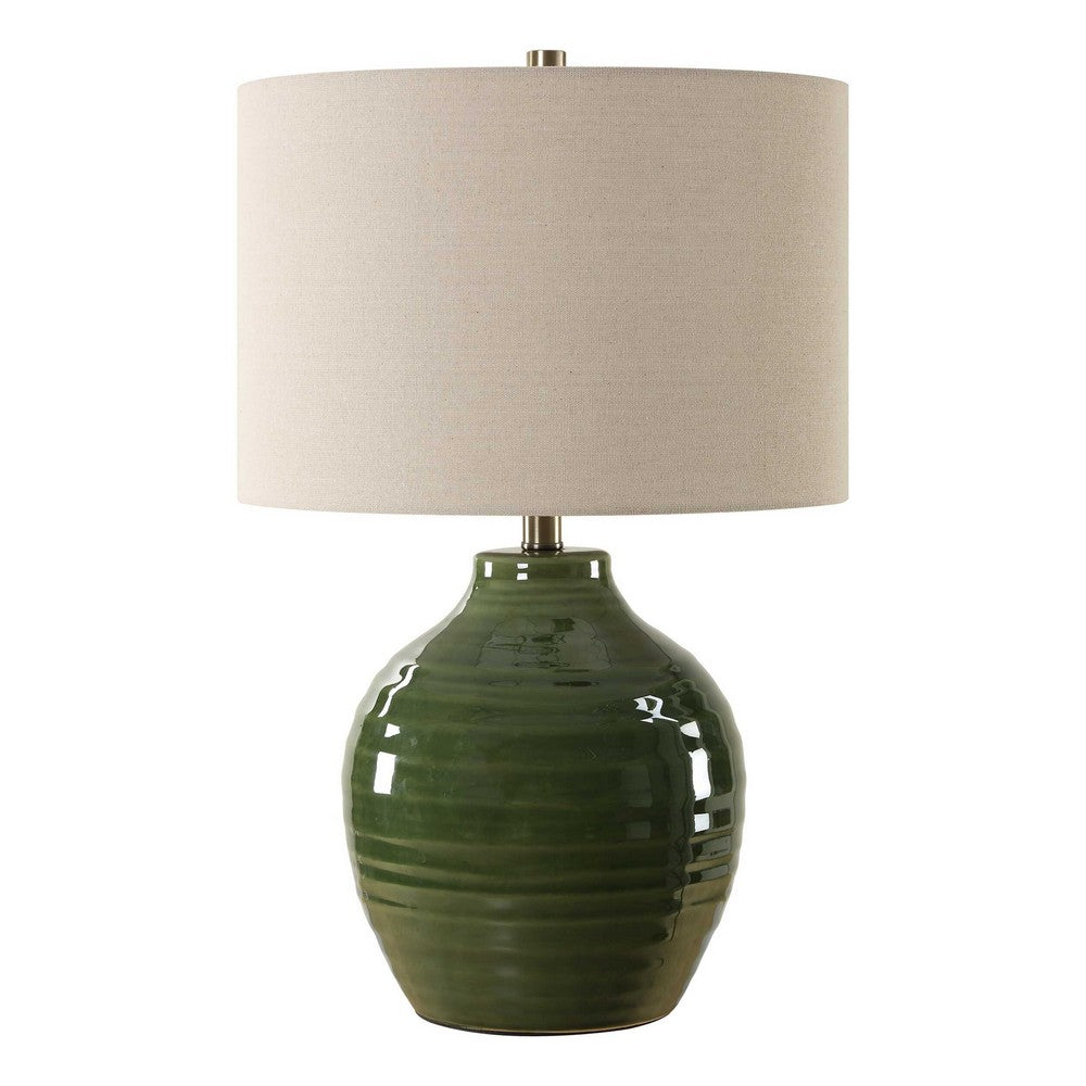 Table Lamp, Moss Green Textured Ceramic and Beige Linen Shade, 23 Inch - BM346839