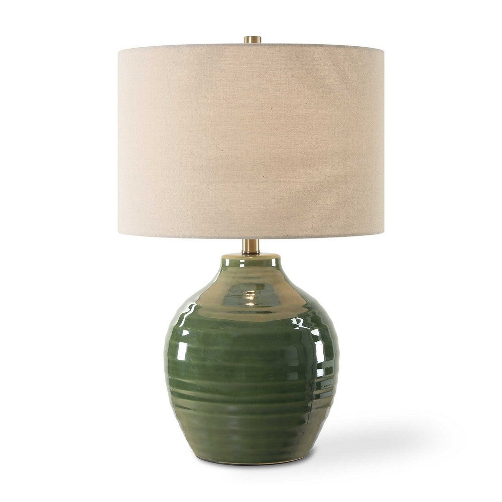 Table Lamp, Moss Green Textured Ceramic and Beige Linen Shade, 23 Inch - BM346839