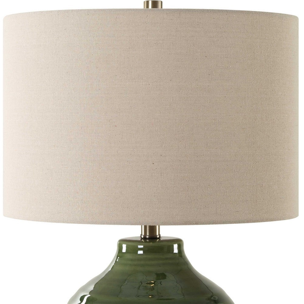 Table Lamp, Moss Green Textured Ceramic and Beige Linen Shade, 23 Inch - BM346839
