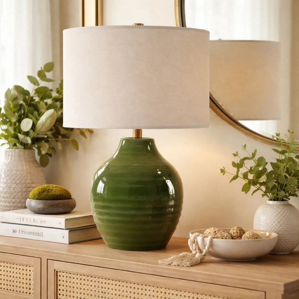 Table Lamp, Moss Green Textured Ceramic and Beige Linen Shade, 23 Inch - BM346839