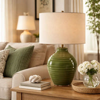 Table Lamp, Moss Green Textured Ceramic and Beige Linen Shade, 23 Inch - BM346839