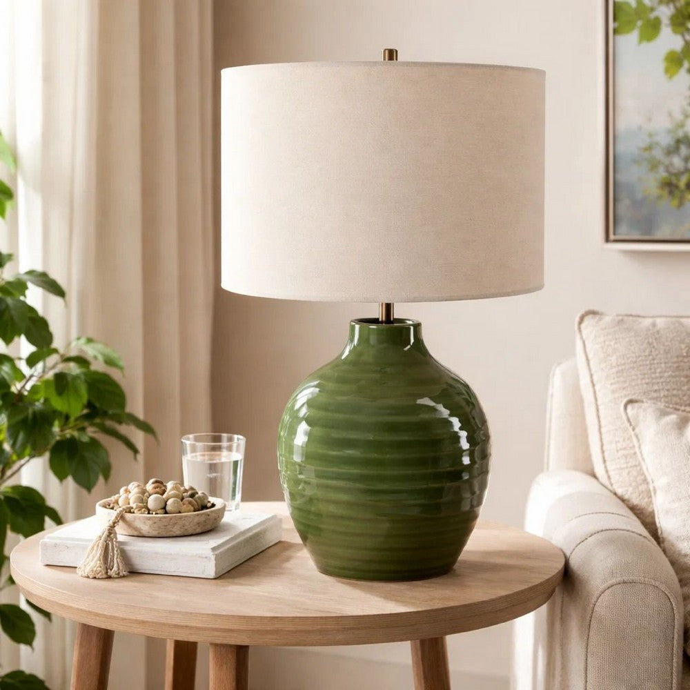 Table Lamp, Moss Green Textured Ceramic and Beige Linen Shade, 23 Inch - BM346839