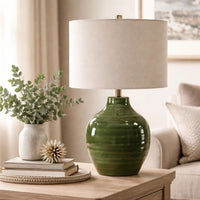 Table Lamp, Moss Green Textured Ceramic and Beige Linen Shade, 23 Inch - BM346839