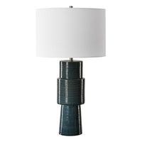 Table Lamp, Teal Ribbed Ceramic Base and White Linen Shade, 28 Inch - BM346840
