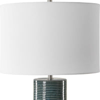 Table Lamp, Teal Ribbed Ceramic Base and White Linen Shade, 28 Inch - BM346840
