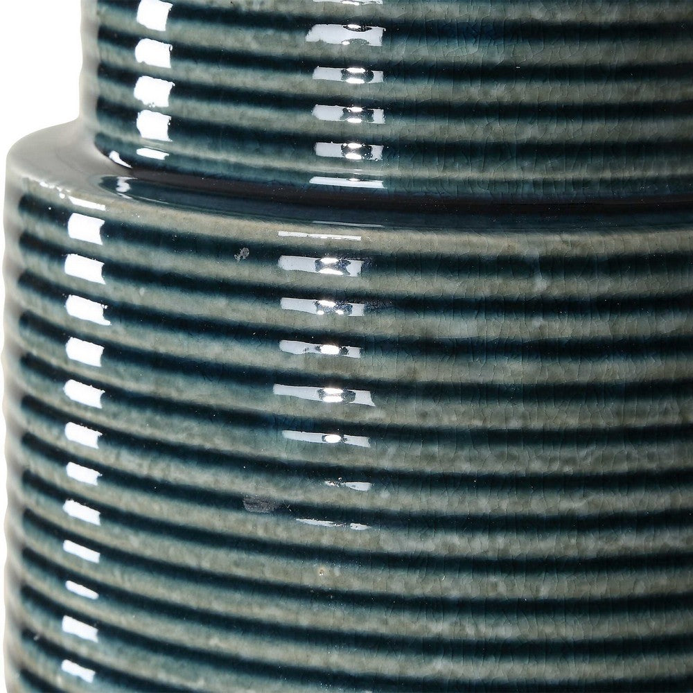 Table Lamp, Teal Ribbed Ceramic Base and White Linen Shade, 28 Inch - BM346840