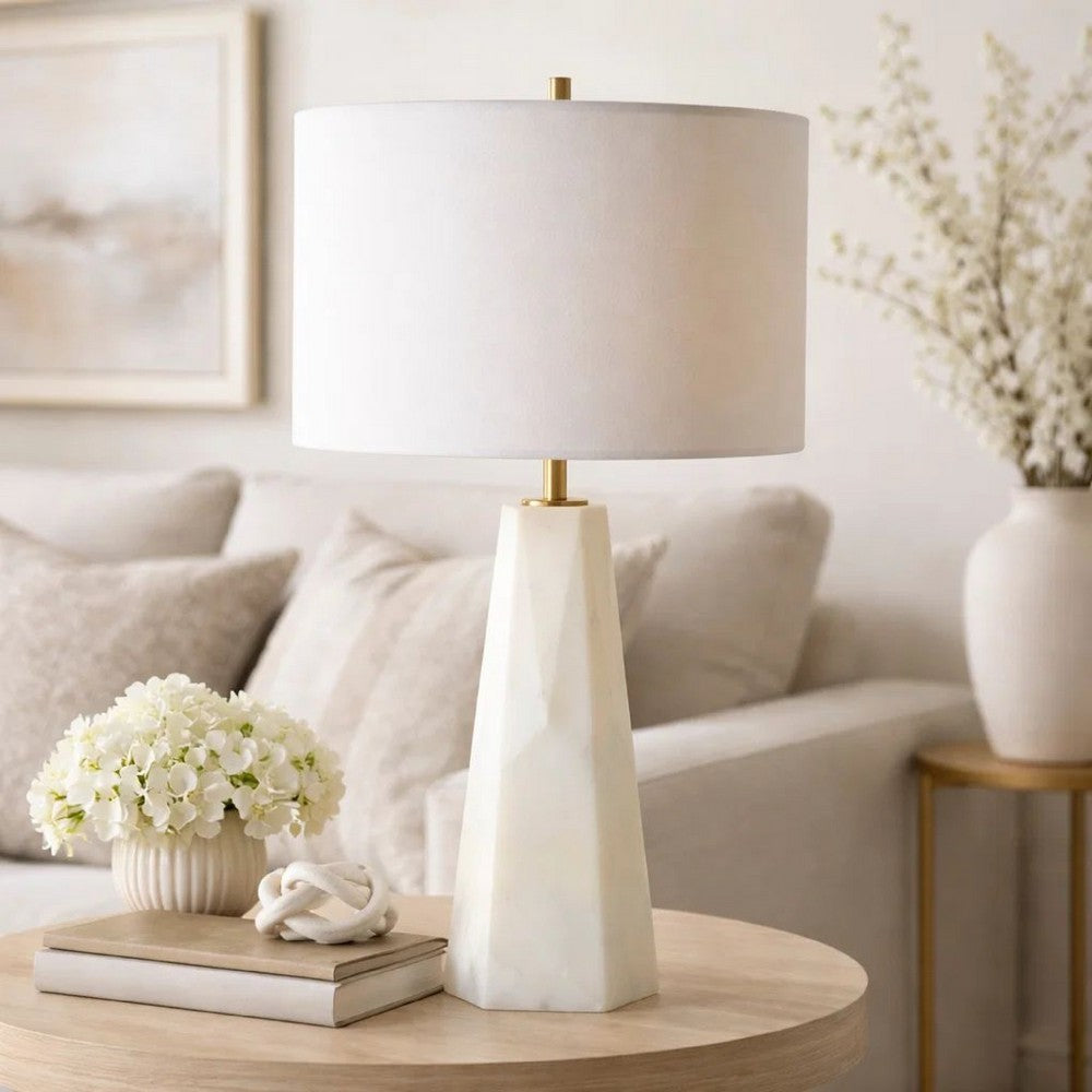 Accent Table Lamp, Cream Marble Base, Off White Linen Shade, 23 Inch - BM346842