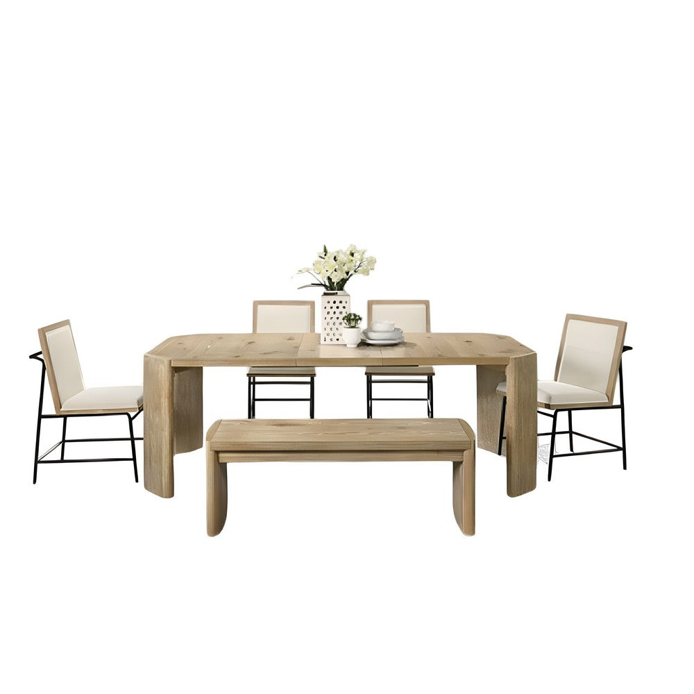 7pc Extendable Dining Table Set, 6 Beige Chairs, Solid Wood Oak Brown - BM346973