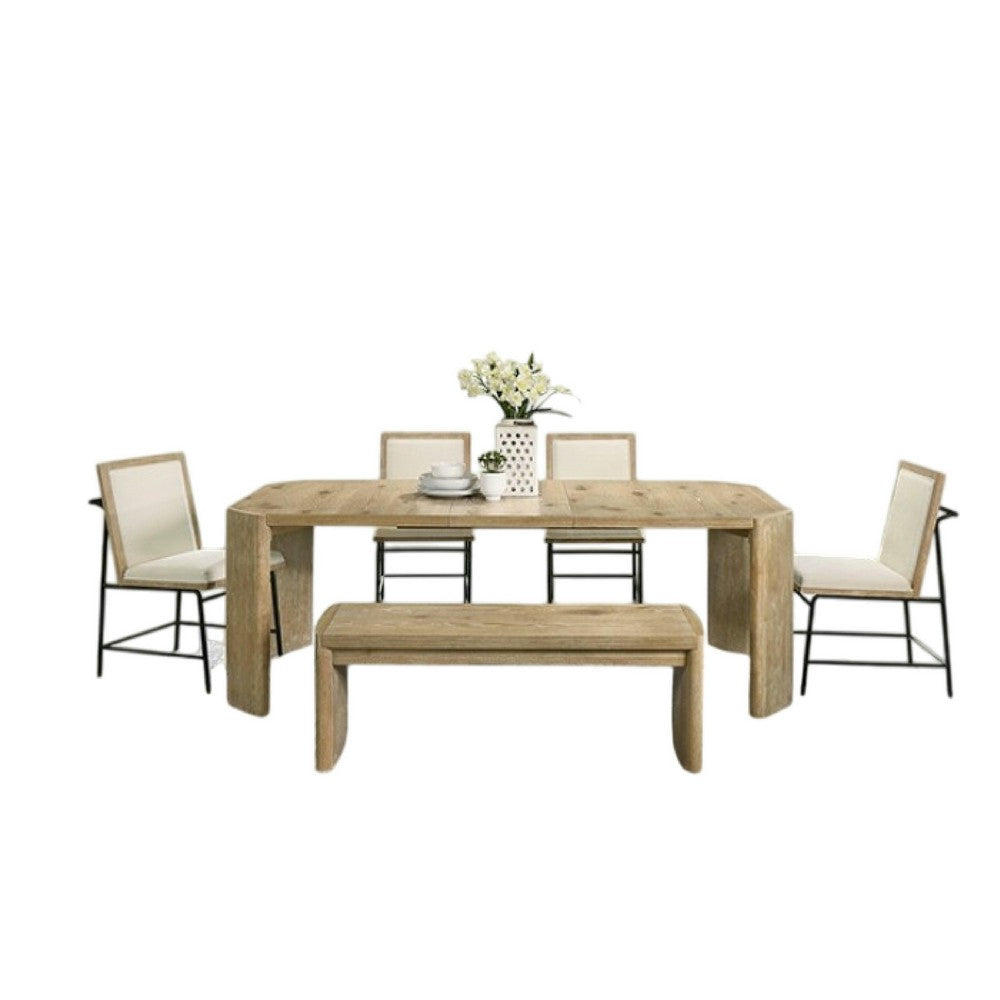 7pc Extendable Dining Table Set, 6 Beige Chairs, Solid Wood Oak Brown - BM346973