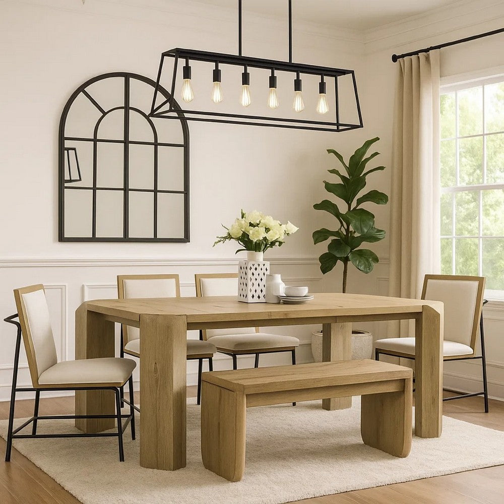 7pc Extendable Dining Table Set, 6 Beige Chairs, Solid Wood Oak Brown - BM346973