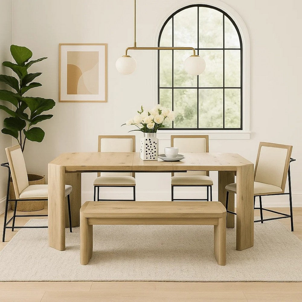 7pc Extendable Dining Table Set, 6 Beige Chairs, Solid Wood Oak Brown - BM346973