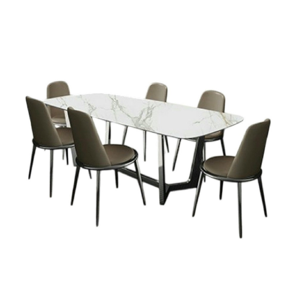 Relli 7 Piece Dining Set, White Ceramic Table, 6 Faux Leather Chairs - BM346994