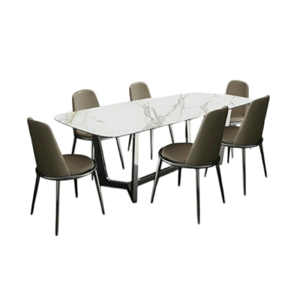 Relli 7 Piece Dining Set, White Ceramic Table, 6 Faux Leather Chairs - BM346994