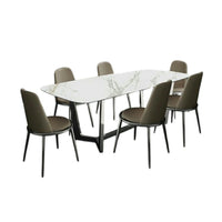 Relli 7 Piece Dining Set, White Ceramic Table, 6 Faux Leather Chairs - BM346994