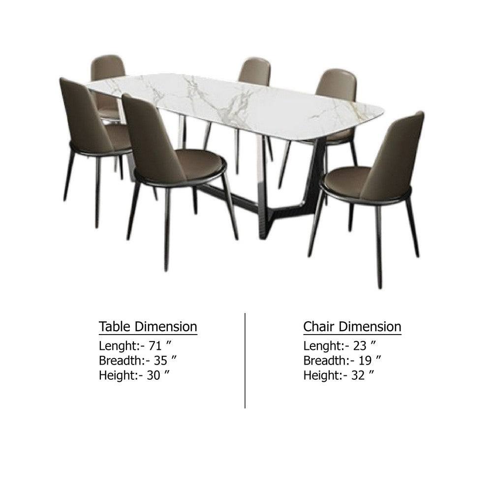 Relli 7 Piece Dining Set, White Ceramic Table, 6 Faux Leather Chairs - BM346994