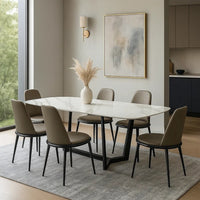 Relli 7 Piece Dining Set, White Ceramic Table, 6 Faux Leather Chairs - BM346994