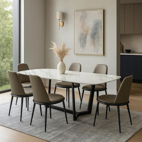 Relli 7 Piece Dining Set, White Ceramic Table, 6 Faux Leather Chairs - BM346994