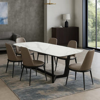 Relli 7 Piece Dining Set, White Ceramic Table, 6 Faux Leather Chairs - BM346994