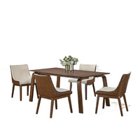 Iken 5pc Dining Table Set, 4 Cream Fabric Chairs, Tapered Legs, Brown Wood - BM347025