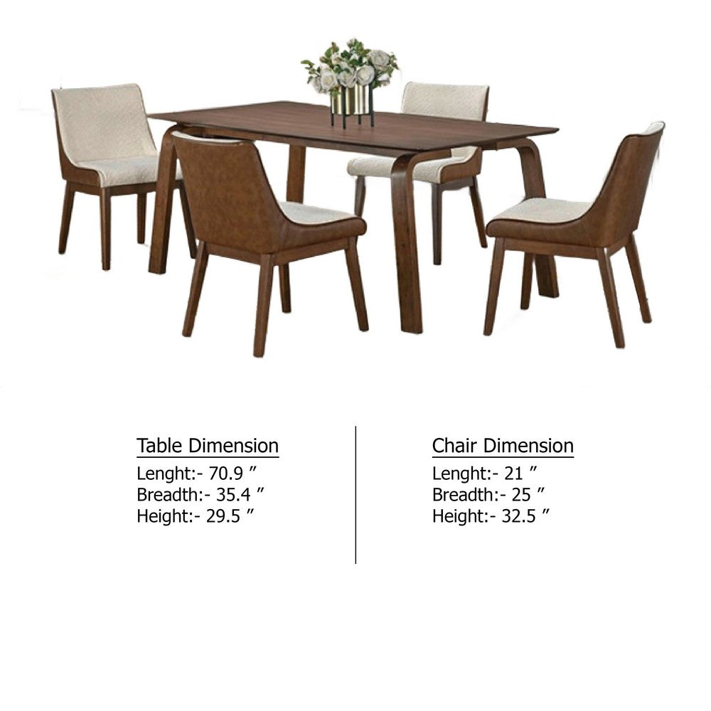 Iken 5pc Dining Table Set, 4 Cream Fabric Chairs, Tapered Legs, Brown Wood - BM347025