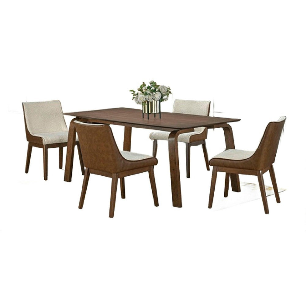 Iken 7pc Dining Table Set, 6 Cream Fabric Chair, Tapered Legs, Brown Wood - BM347026