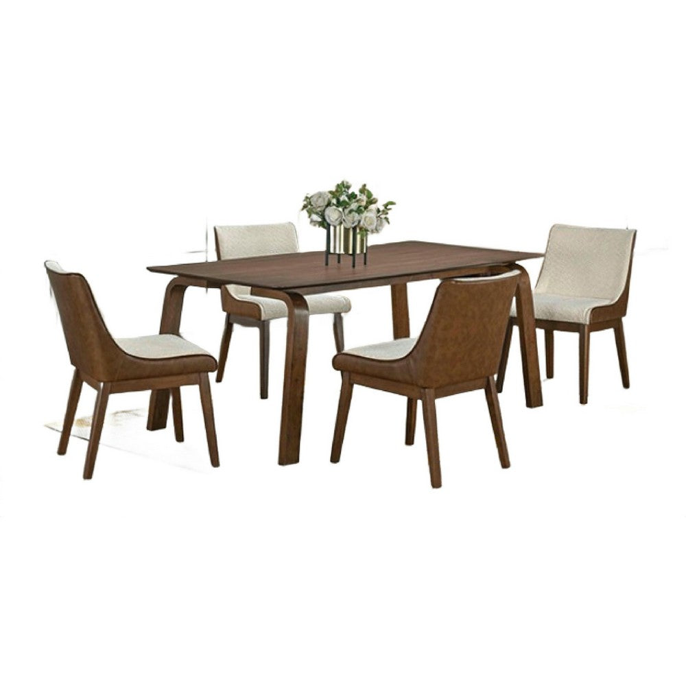Iken 7pc Dining Table Set, 6 Cream Fabric Chair, Tapered Legs, Brown Wood - BM347026