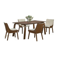 Iken 7pc Dining Table Set, 6 Cream Fabric Chair, Tapered Legs, Brown Wood - BM347026