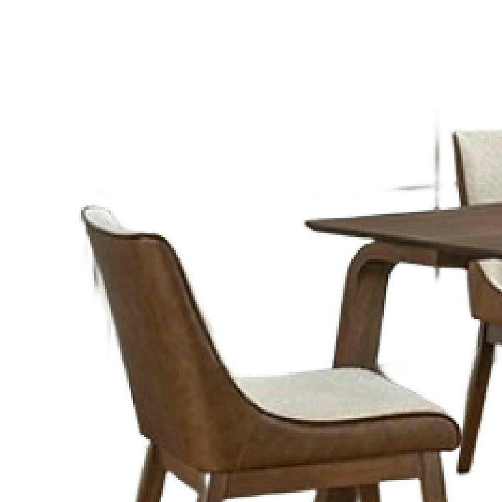 Iken 7pc Dining Table Set, 6 Cream Fabric Chair, Tapered Legs, Brown Wood - BM347026