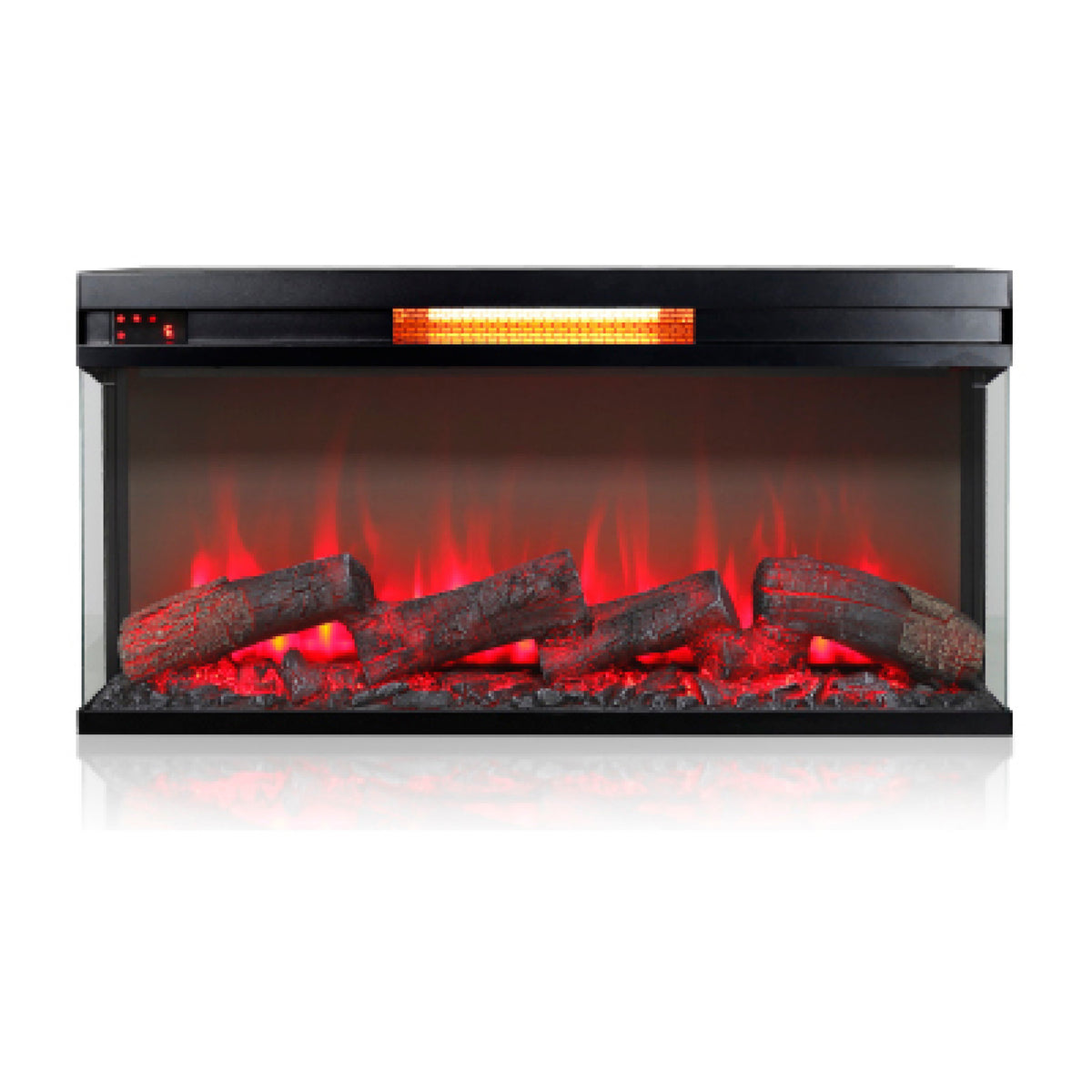Jena 36 Inch Electric Log Fireplace Insert w 3 Glass Sides, Multi Color Flame