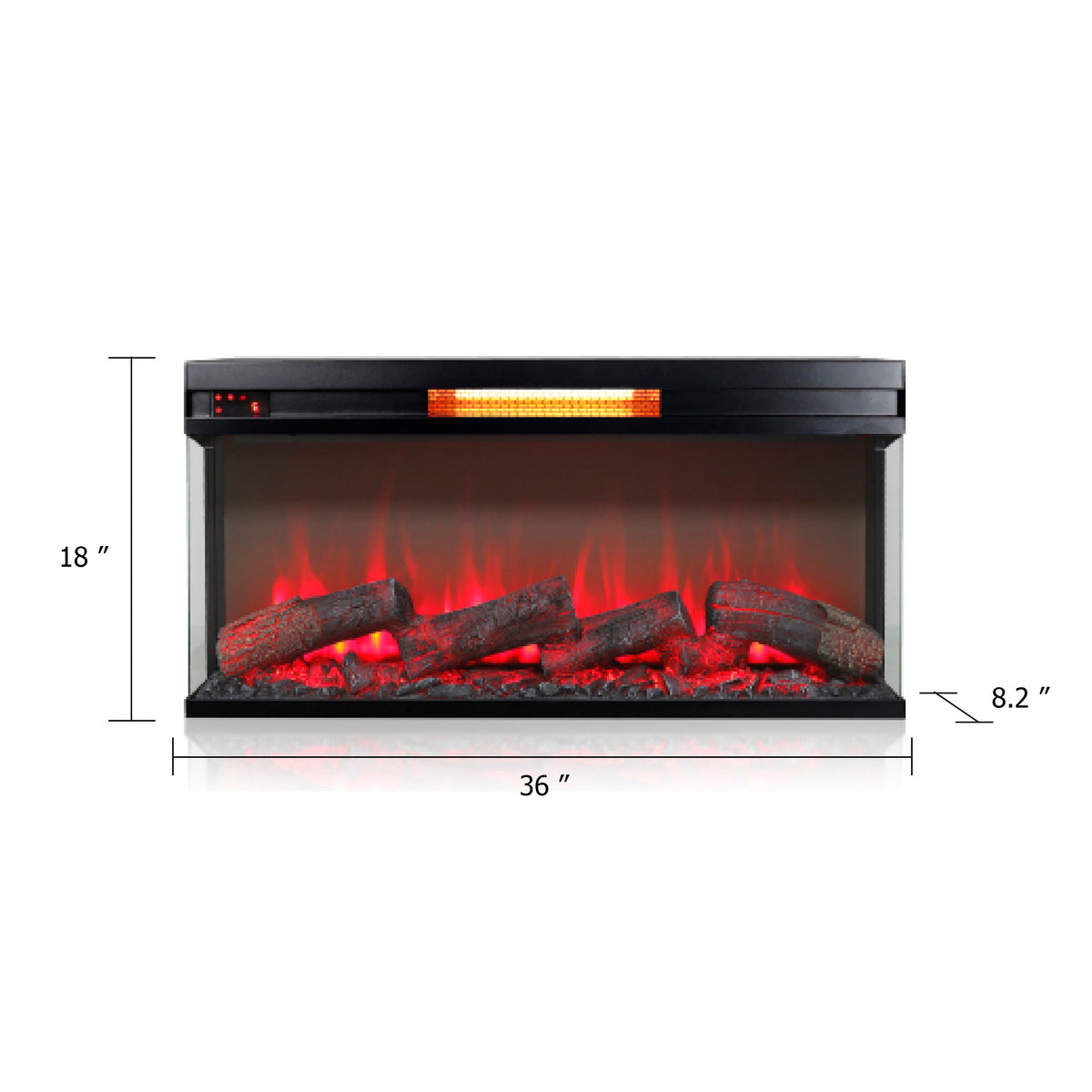 Jena 36 Inch Electric Log Fireplace Insert w 3 Glass Sides, Multi Color Flame