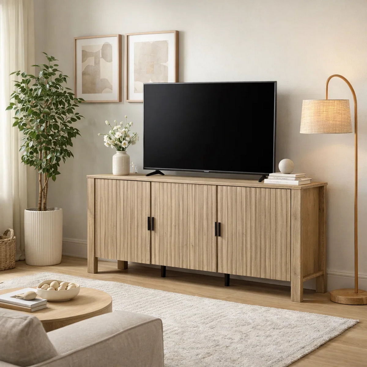 Hay TV Media Cabinet, 3 Reeded Doors, Natural Oak Beige Wood, 47 Inch  - BM347062