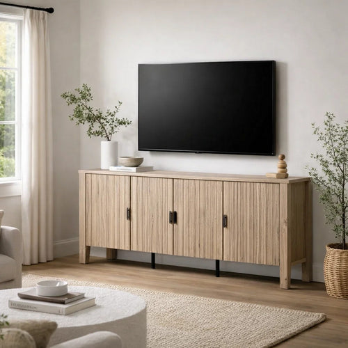 Hay TV Media Cabinet, 3 Reeded Doors, Natural Oak Beige Wood, 47 Inch  - BM347062