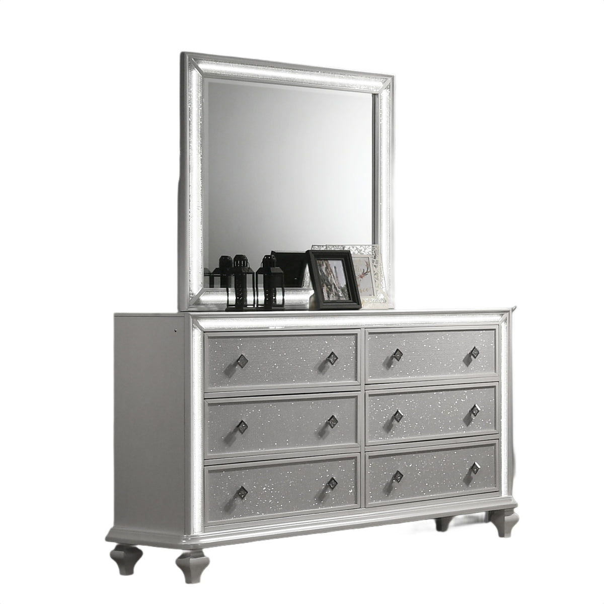 Stacy Dresser Mirror, White Wood, Integrated LED Lighting, 39x41  - BM347064