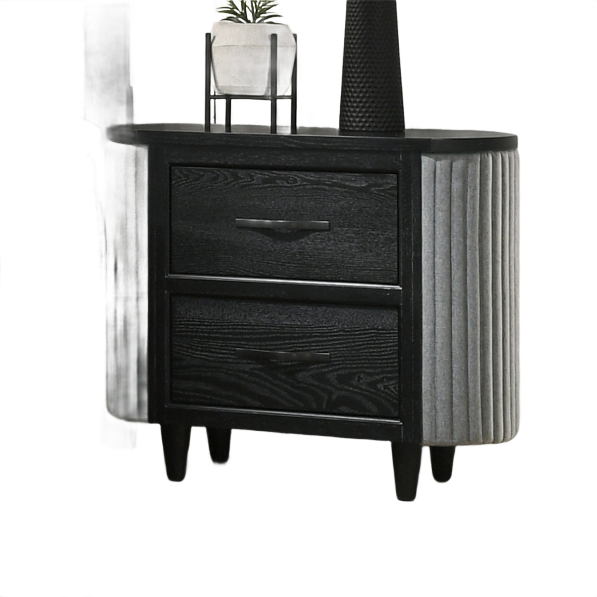 Sevy Nightstand, Black, Gray Reeded Fabric Sides, 2 Drawers, 33 Inch  - BM347068