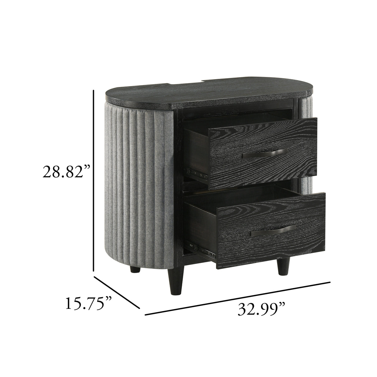 Sevy Nightstand, Black, Gray Reeded Fabric Sides, 2 Drawers, 33 Inch  - BM347068
