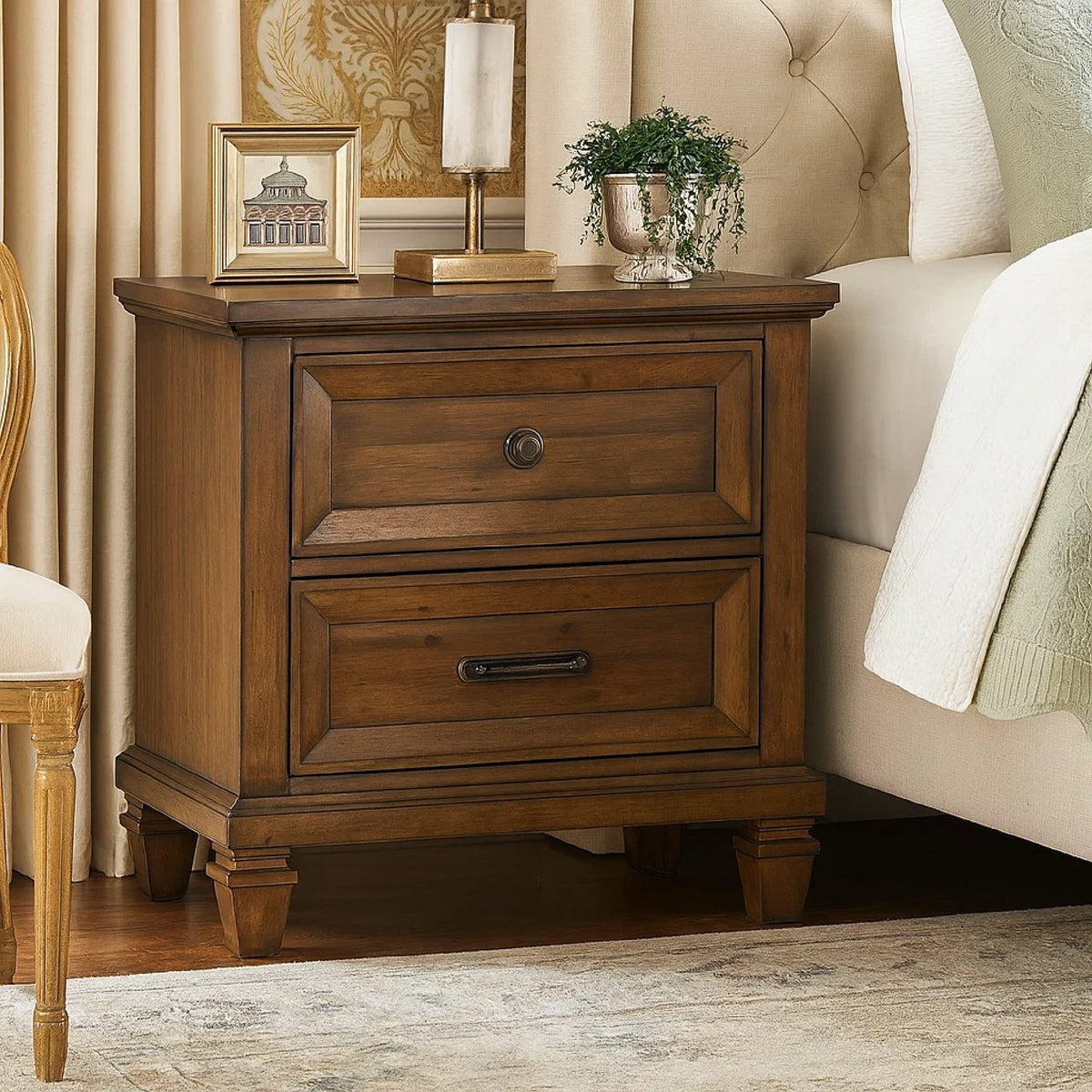 Henry Classic Nightstand, Brown Acacia Wood, 2 Drawers, 29 Inch  - BM347069