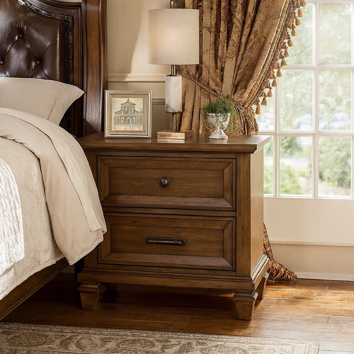 Henry Classic Nightstand, Brown Acacia Wood, 2 Drawers, 29 Inch  - BM347069
