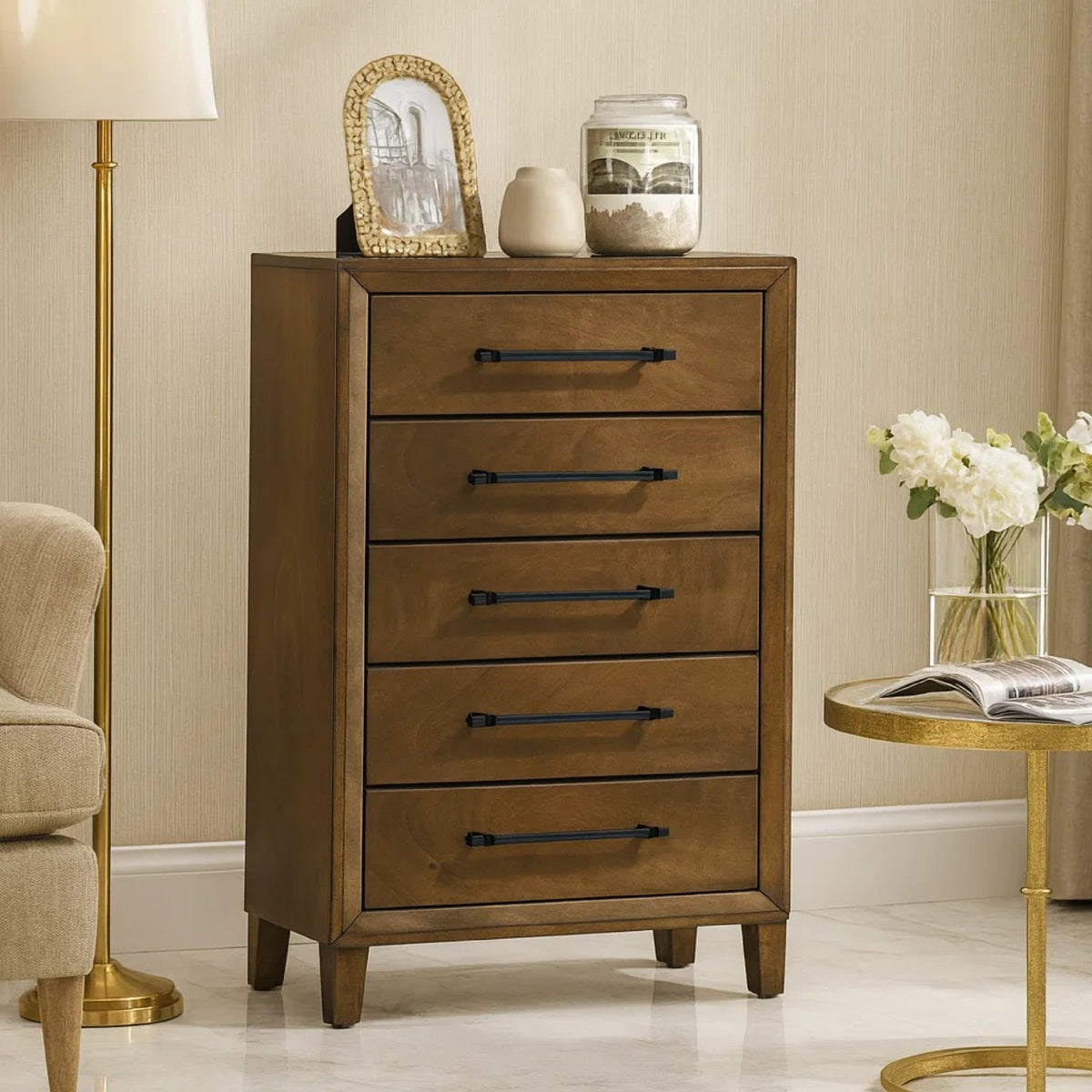 Lary Tall Dresser Chest, Youth bedroom, Walnut Brown, 5 Drawers  - BM347073