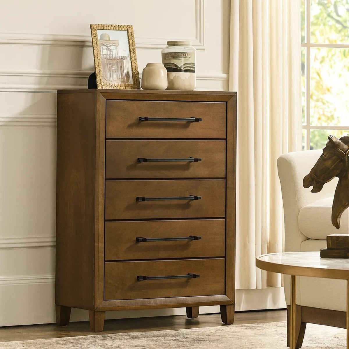 Lary Tall Dresser Chest, Youth bedroom, Walnut Brown, 5 Drawers  - BM347073
