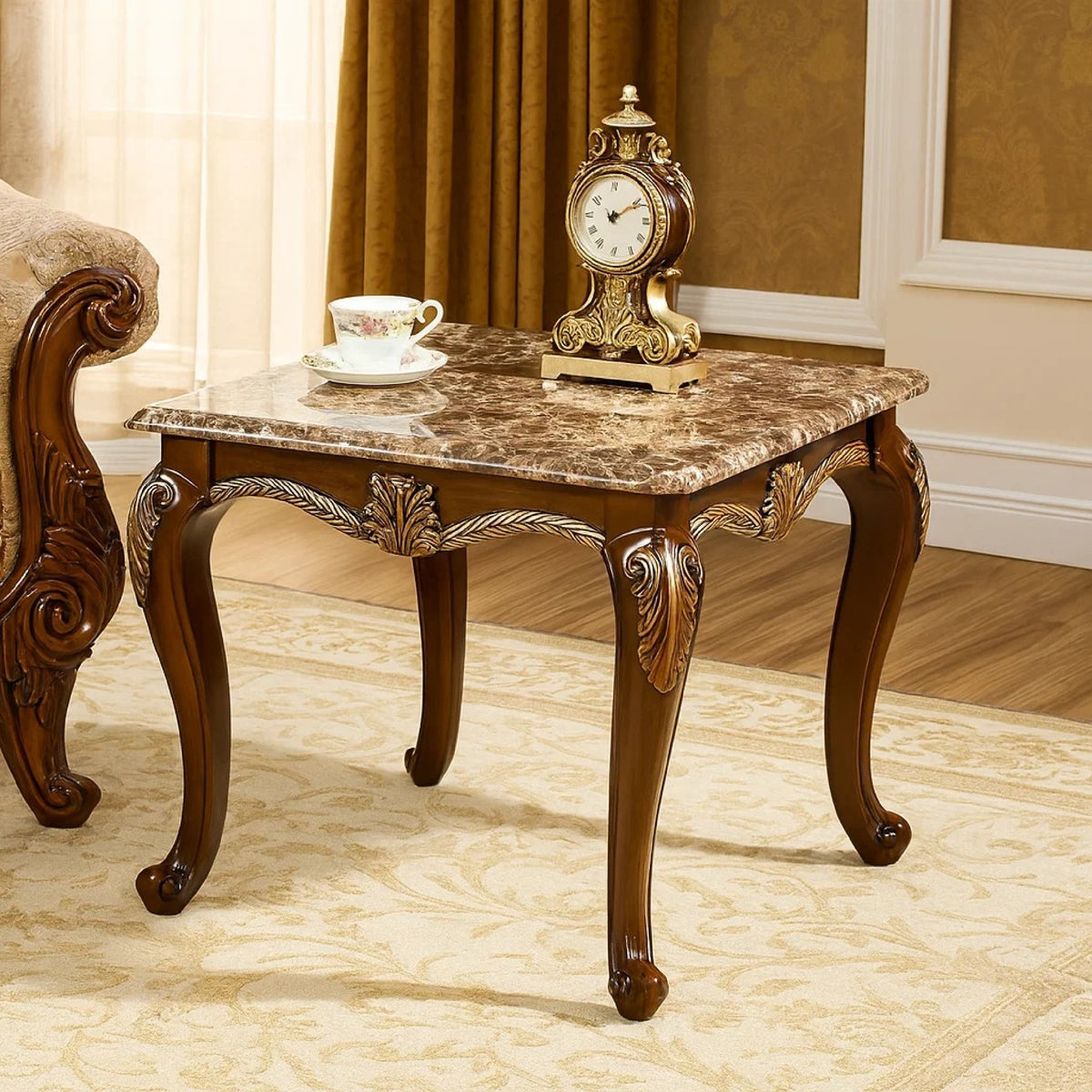 Liana End Table, Classic Cherry Brown Pine Wood, Ornate Carvings, 28 Inch  - BM347079