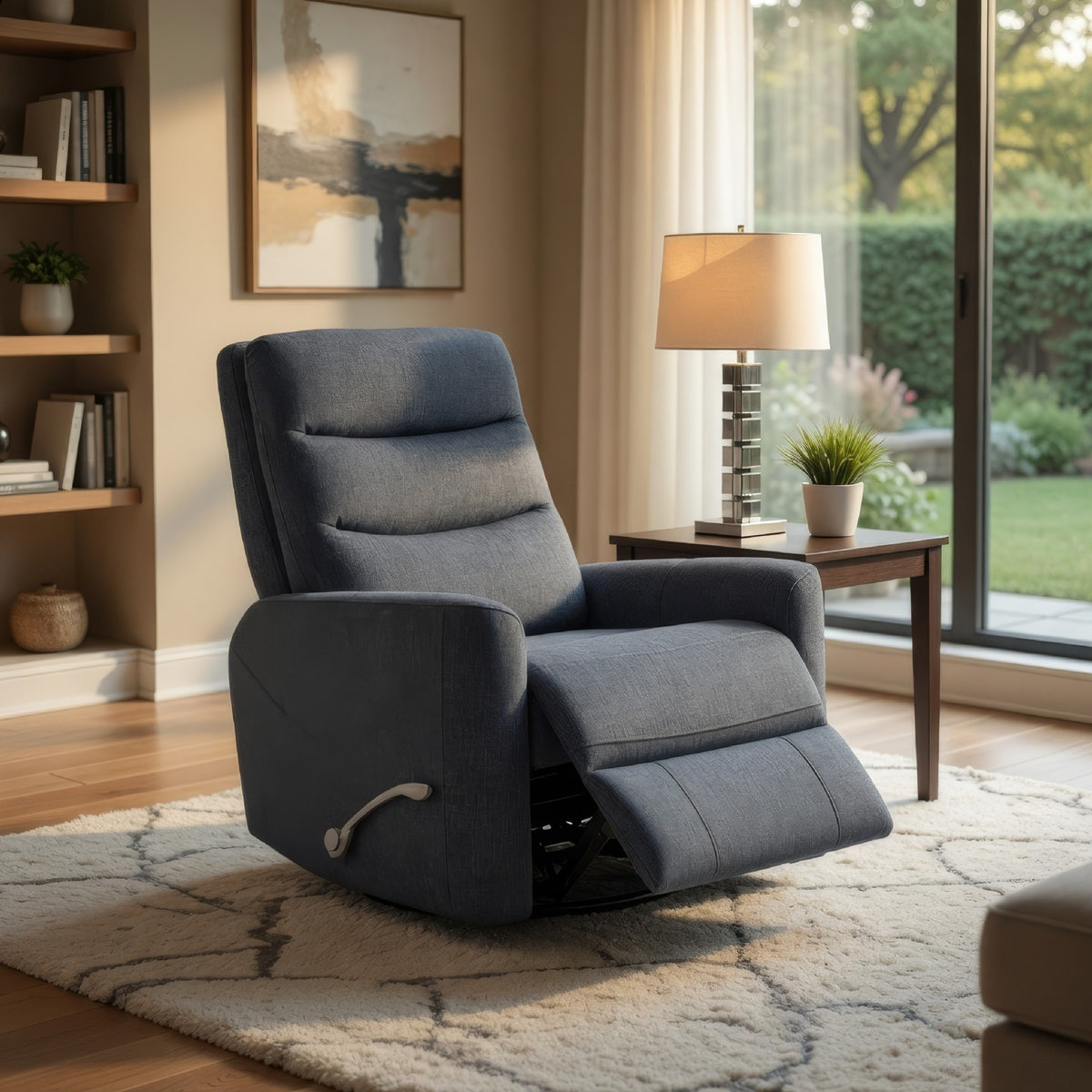 Aki Swivel Power Recliner Chair, Tufted Blue Polyester, Feather Blend  - BM347083
