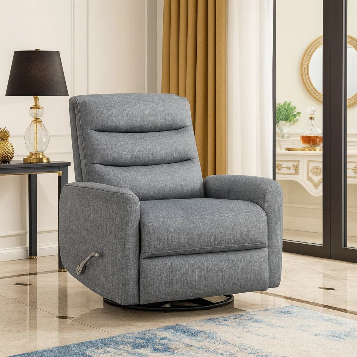 Aki Swivel Power Recliner Chair, Tufted Gray Polyester, Feather Blend  - BM347085