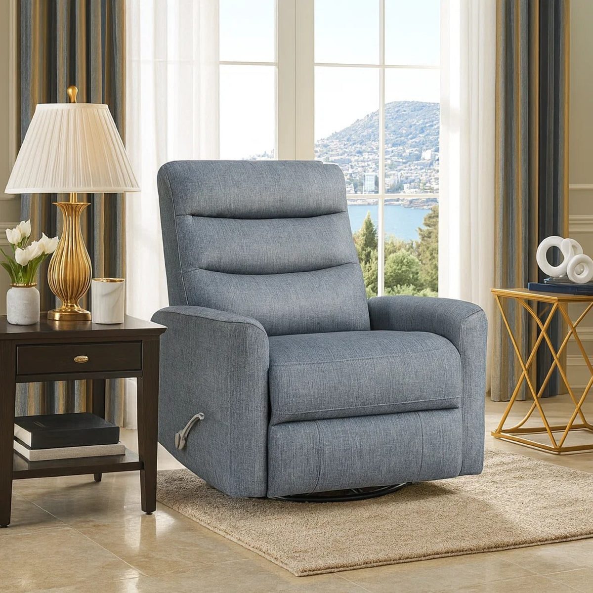 Aki Swivel Power Recliner Chair, Tufted Gray Polyester, Feather Blend  - BM347085