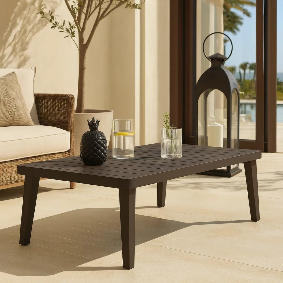 Geny Patio Coffee Table, Brown Aluminum, Rectangular 49 Inch Top  - BM347090
