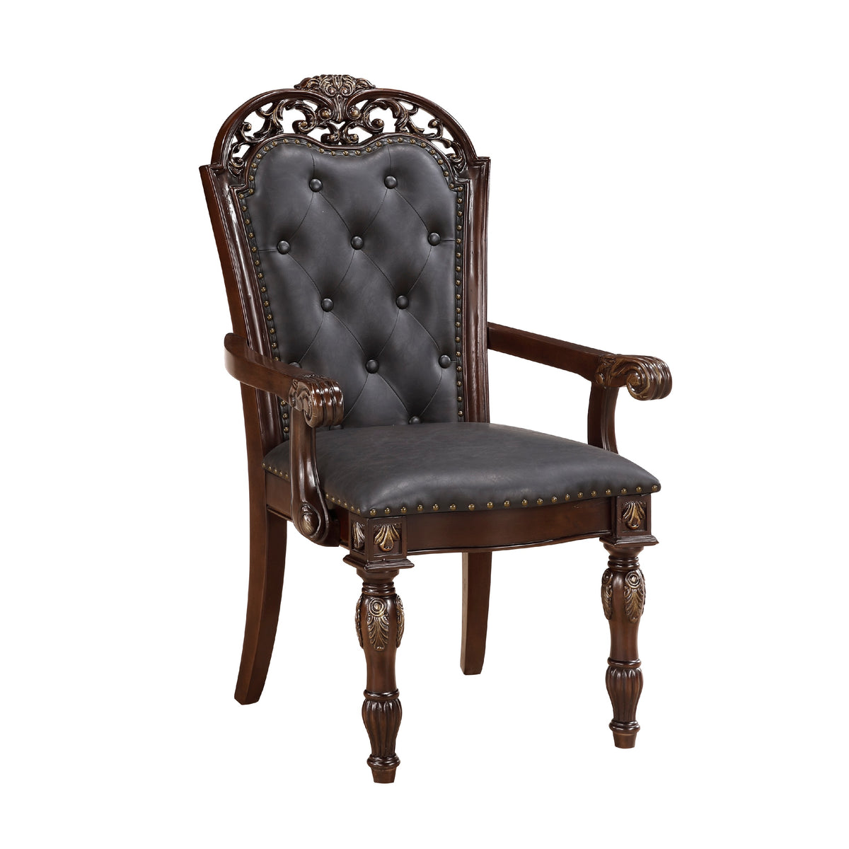 Nami Dining Side Chair Set of 2, Brown Faux Leather, Classic Carved Edges  - BM347096
